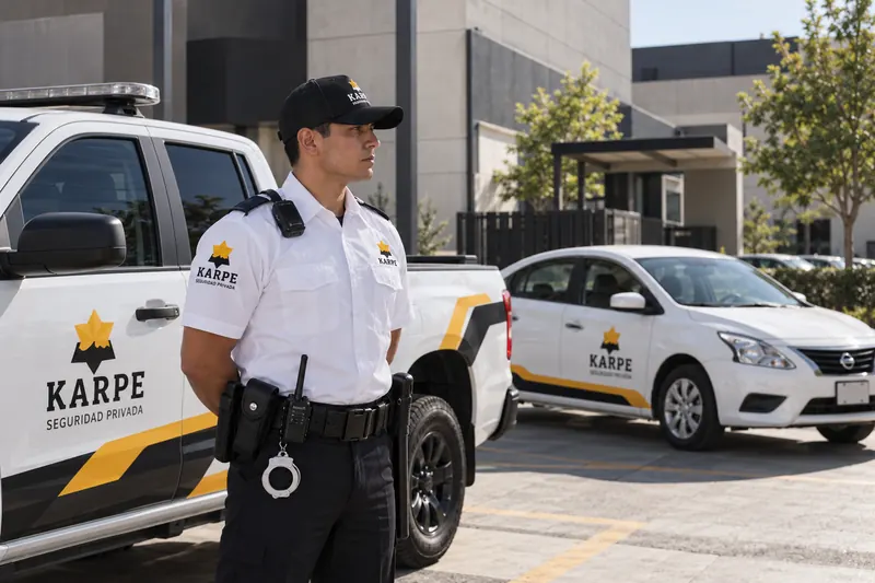 Guardia de seguridad KARPE con equipo completo junto a las unidades de supervisión